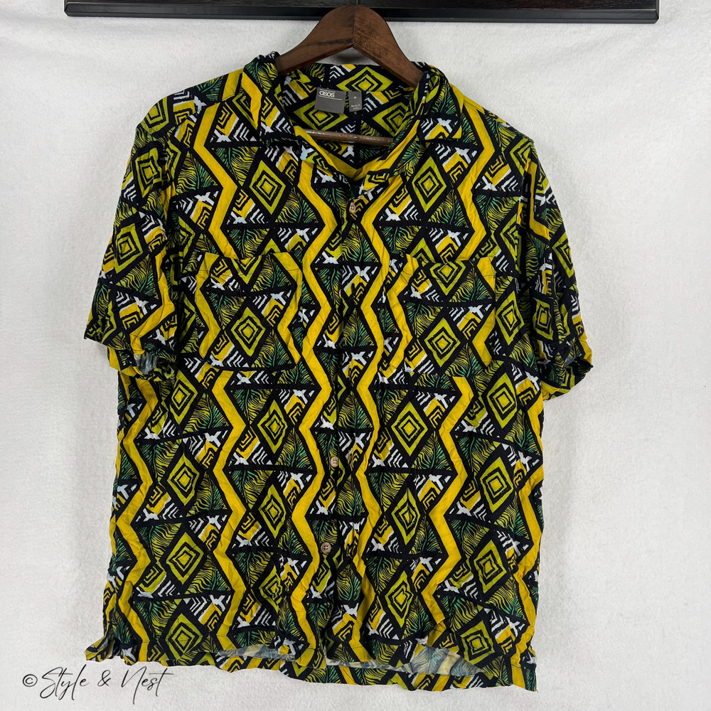 ASOS Mens Viscose Button Up Shirt Medium Geometric Retro Mod